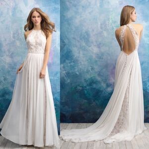 Allure Bridal 9573 Chiffon over Lace Jeweled Bodice Halter Wedding Dress Size 14